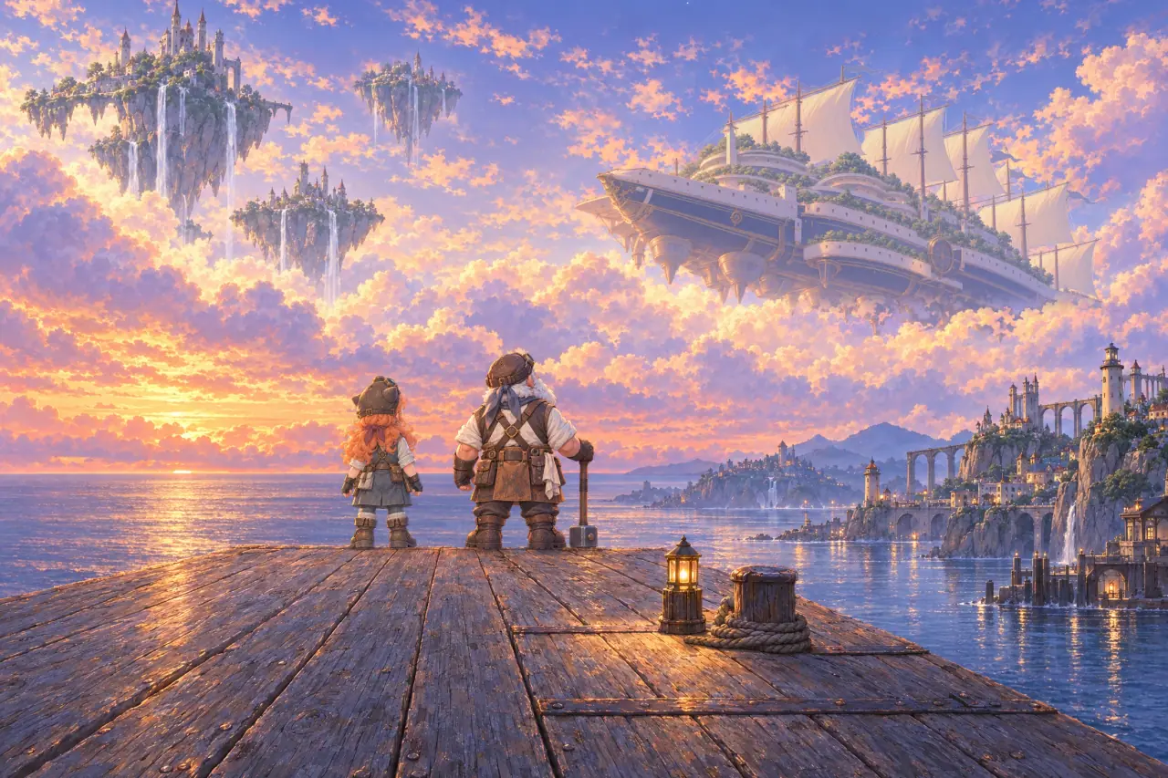 夕焼けの雲海に浮かぶ島々と滝、遠くに大きな船 ARK。桟橋からネルとブロックが後ろ姿で見上げる